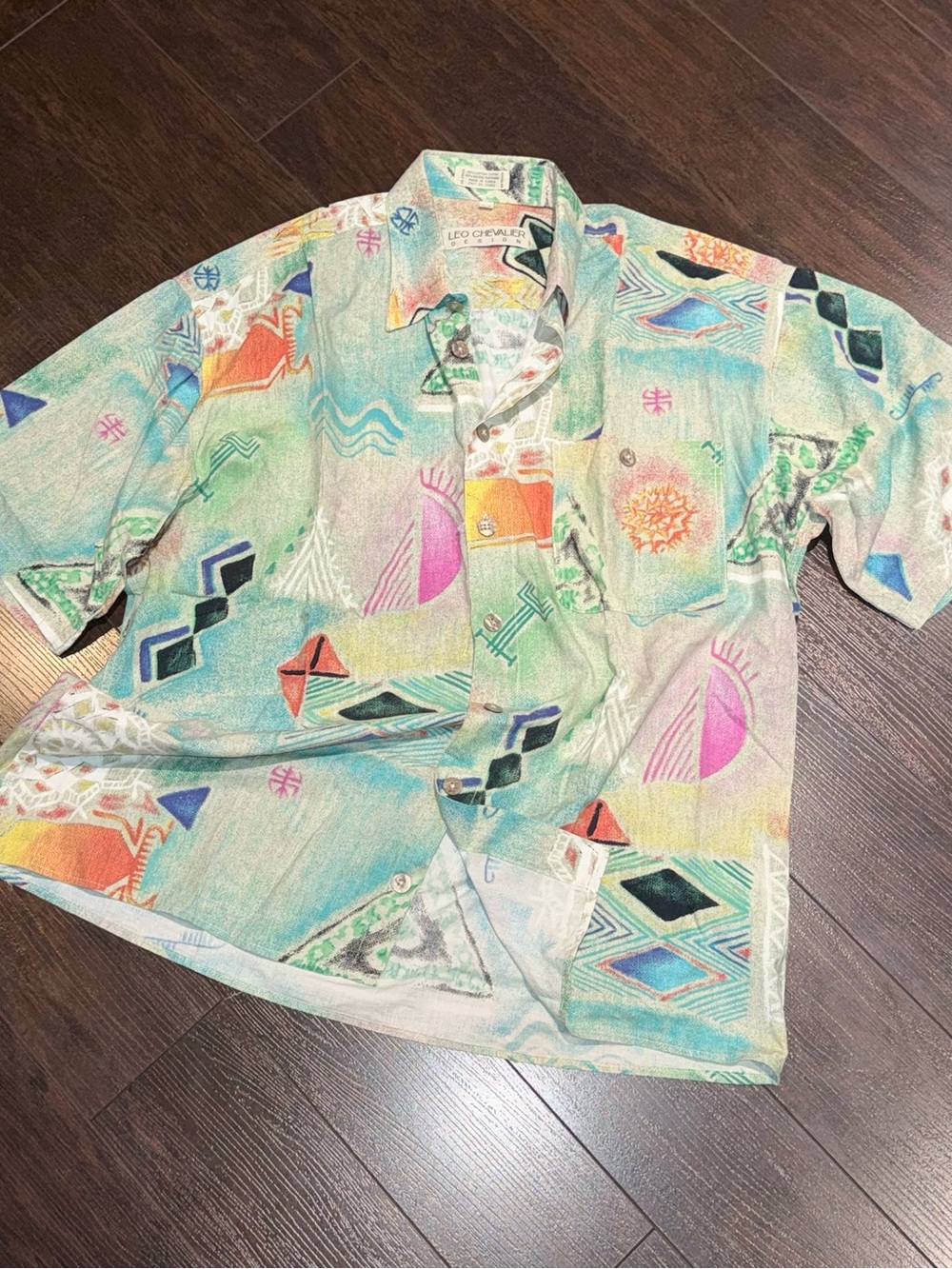 Vintage Leo Chevalier Short Sleeve Button Up Shirt Graphic Abstract Men’s Size L
